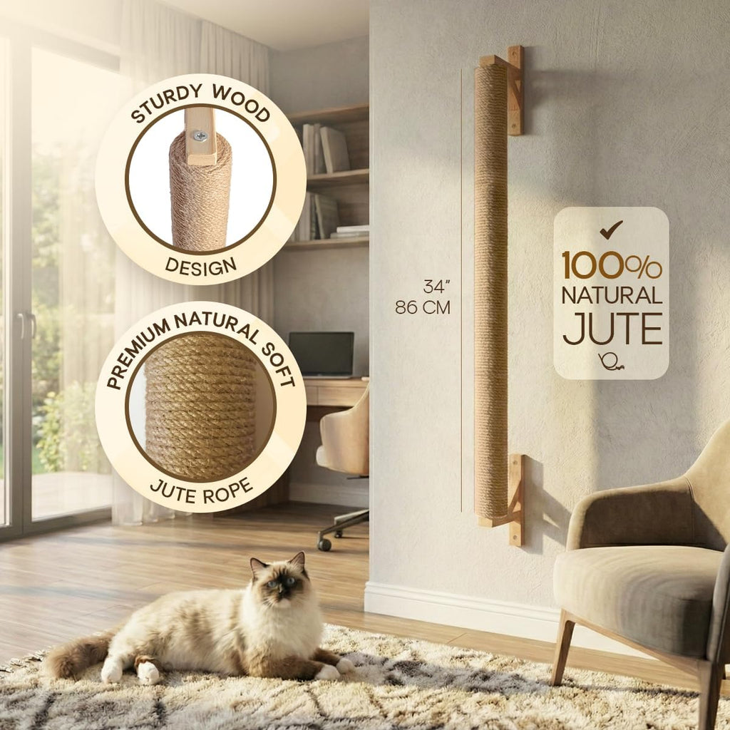 Wall Mounted Cat Scratcher 34'' Jute Cat Scratching Post Tree Kitten Sturdy Climbing for Indoor Cats Vertical Tall wall mounth Fiber cat Scratch Posts Tower cat Climbing wall Systems (M)