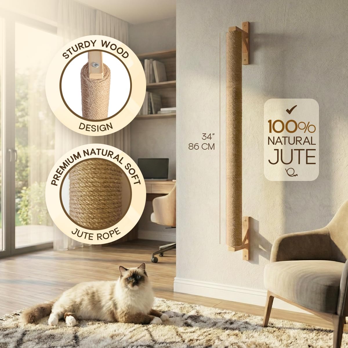 Wall Mounted Cat Scratcher 34'' Jute Cat Scratching Post Tree Kitten Sturdy Climbing for Indoor Cats Vertical Tall wall mounth Fiber cat Scratch Posts Tower cat Climbing wall Systems (M)