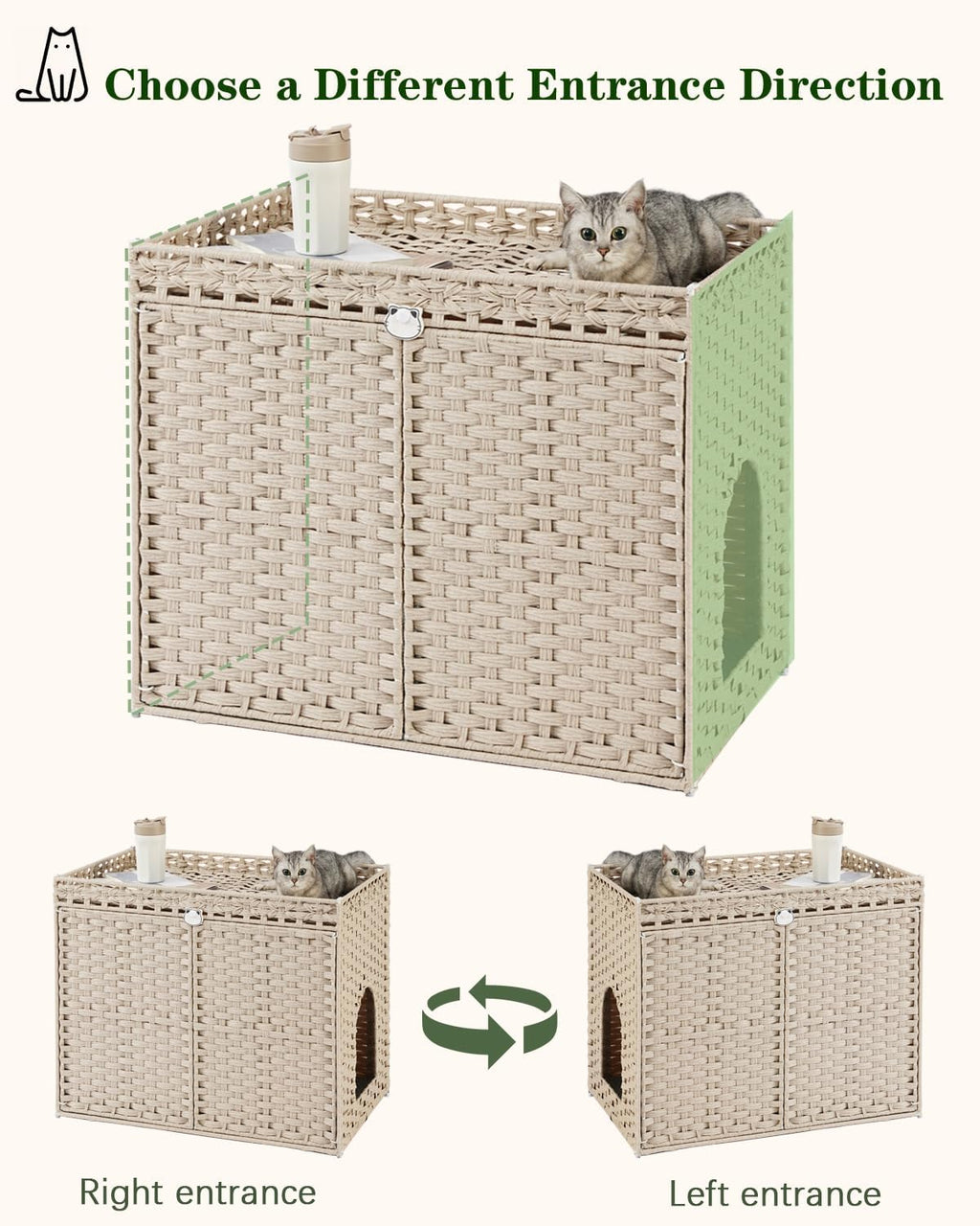 SETVSON Cat Litter Box Enclosure, XL Hidden PE Rattan, Light Khaki