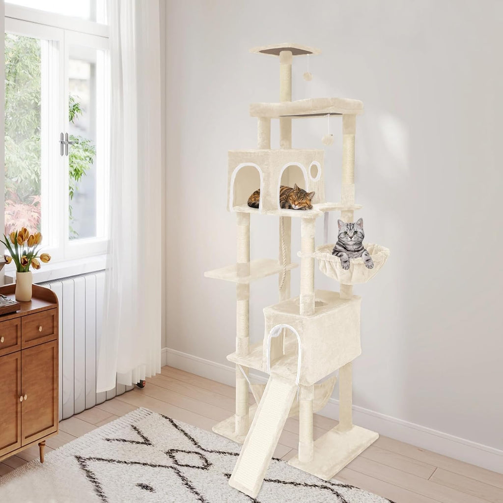 Large Multi-Level Cat Tree,80 Inches Tall with Sisal-Covered Scratching Posts, Condo, Hammock, Dangling Ball, and Extended Platform for Cats to Play and Sleep (Beige)