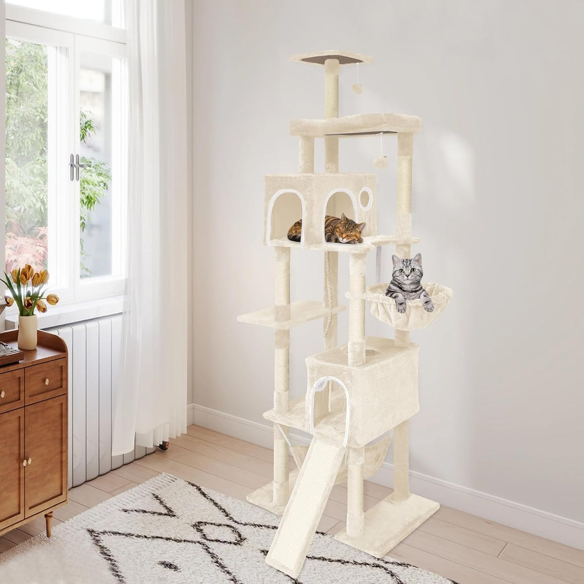 Large Multi-Level Cat Tree,80 Inches Tall with Sisal-Covered Scratching Posts, Condo, Hammock, Dangling Ball, and Extended Platform for Cats to Play and Sleep (Beige)