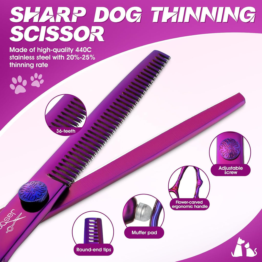 JASON Dog Grooming Scissors Set - Professional 6 in 1 Purple Shears Kit