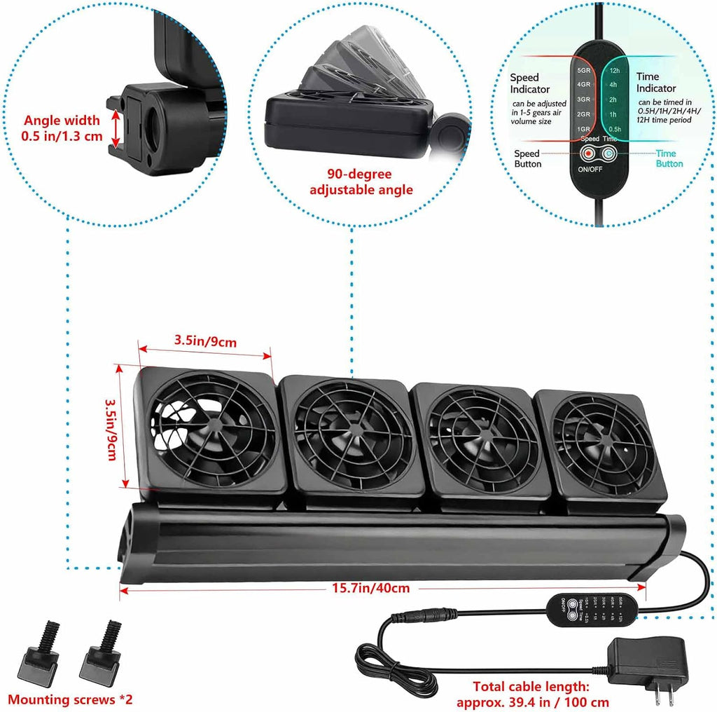 4-Fans Aquarium Chiller with Adjustable 5 Speed Controller 5 Timer Setting, Fish Tank Fan Aquarium Cooling Fan, 90° Adjustment Aquarium Cooler Fan Quiet for Tank Home Office