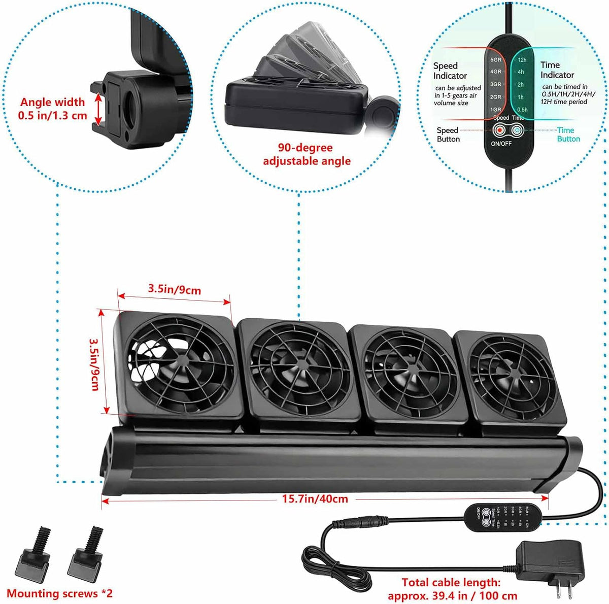 4-Fans Aquarium Chiller with Adjustable 5 Speed Controller 5 Timer Setting, Fish Tank Fan Aquarium Cooling Fan, 90° Adjustment Aquarium Cooler Fan Quiet for Tank Home Office
