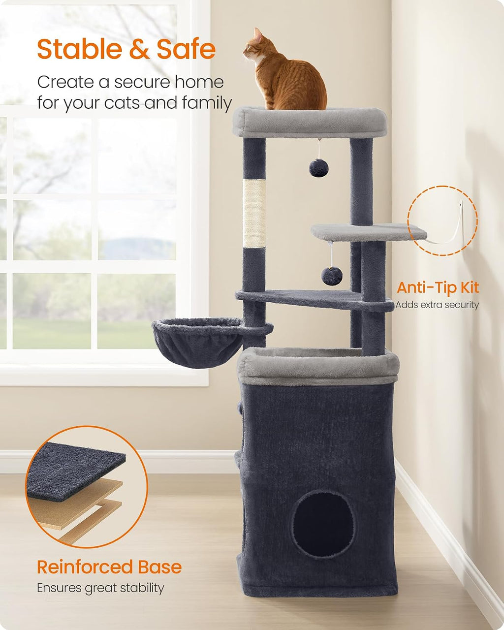 Feandrea Cat Tree Indoor, 60" Multiple-Level Plush Cat Tower, Dark Gray