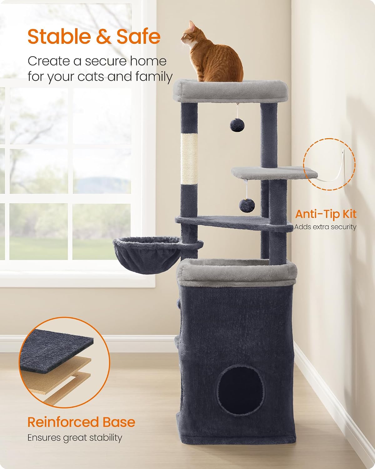 Feandrea Cat Tree Indoor, 60" Multiple-Level Plush Cat Tower, Dark Gray