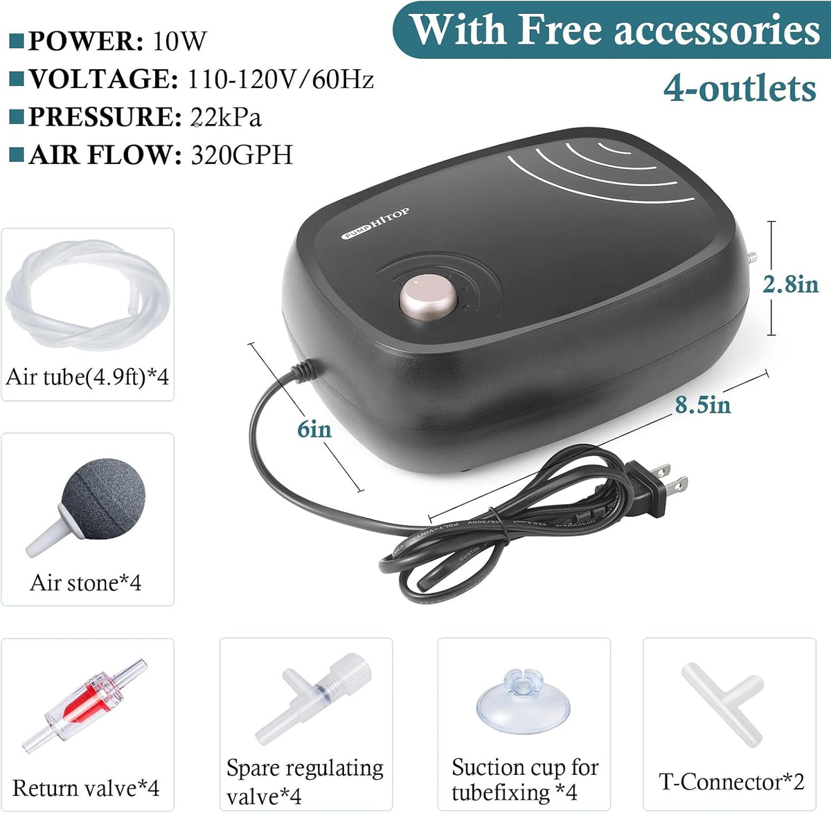 HITOP 10W Powerful Aquarium Air Pump: 4-Outlets 320GPH Air Pump for Fish Tank, Quiet Aquarium Aerator with Completely Accessories, for Tank/Hydroponic/Pond Oxygenation