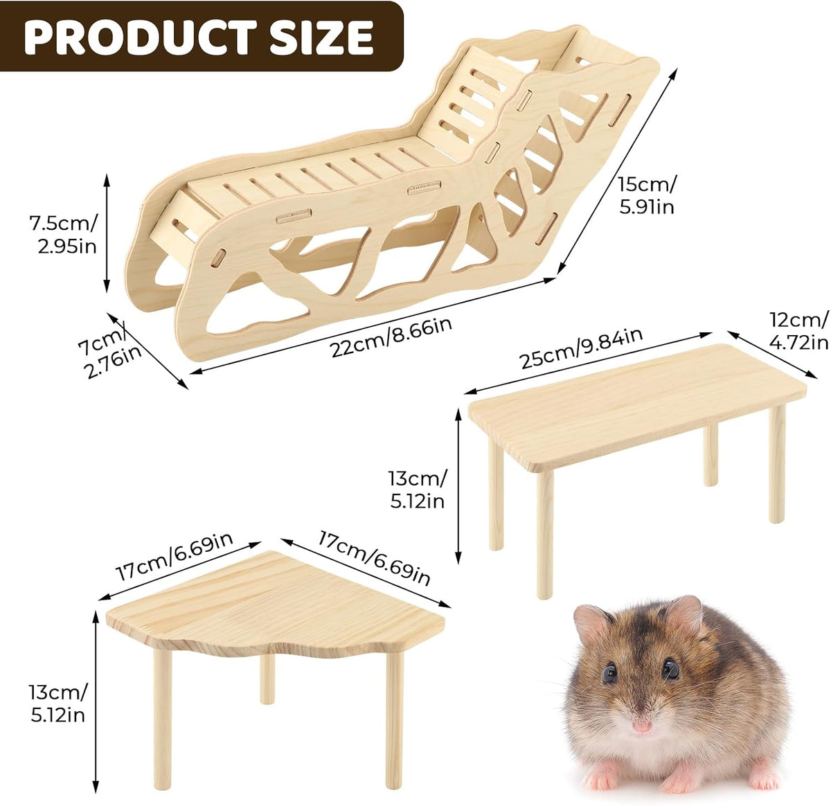 3 Pack Wooden Hamster Play Platform, 3-in-1 Natural Small Pet Playground