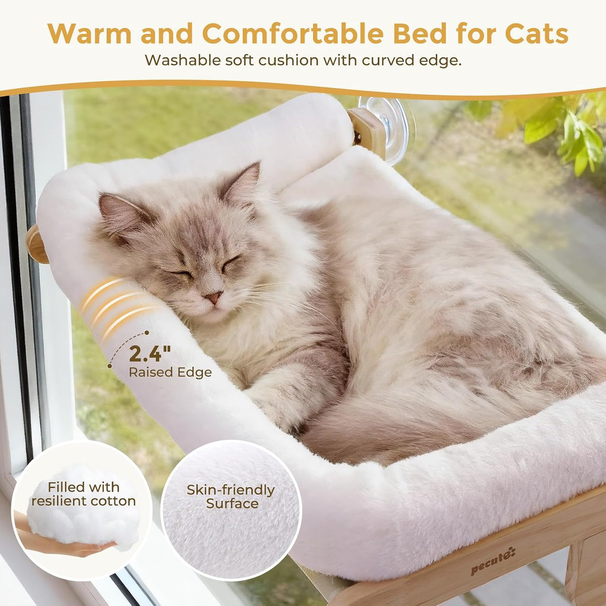 Pecute Foldable Cat Window Perch, Cloud-Soft Cat Bed with Wood Frame, 26" L