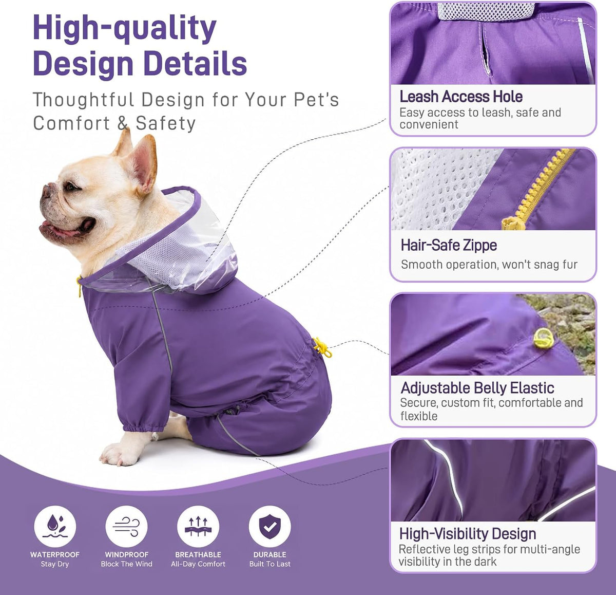 Dog Raincoat - Rain Jacket with Clear Hood and Broad Chest Fit