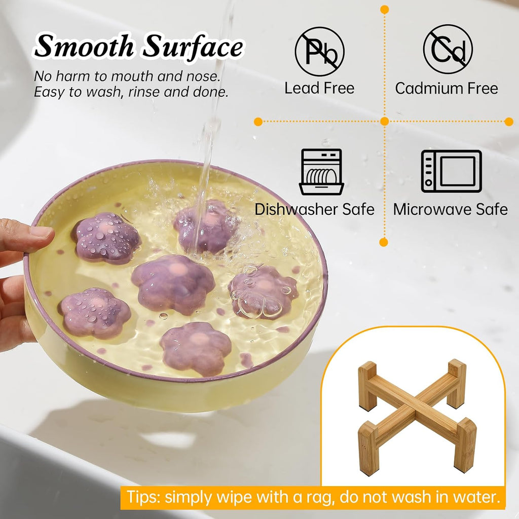 Elevated Ceramic Slow Feeder Cat Bowl with Anti-Slip Bamboo Stand