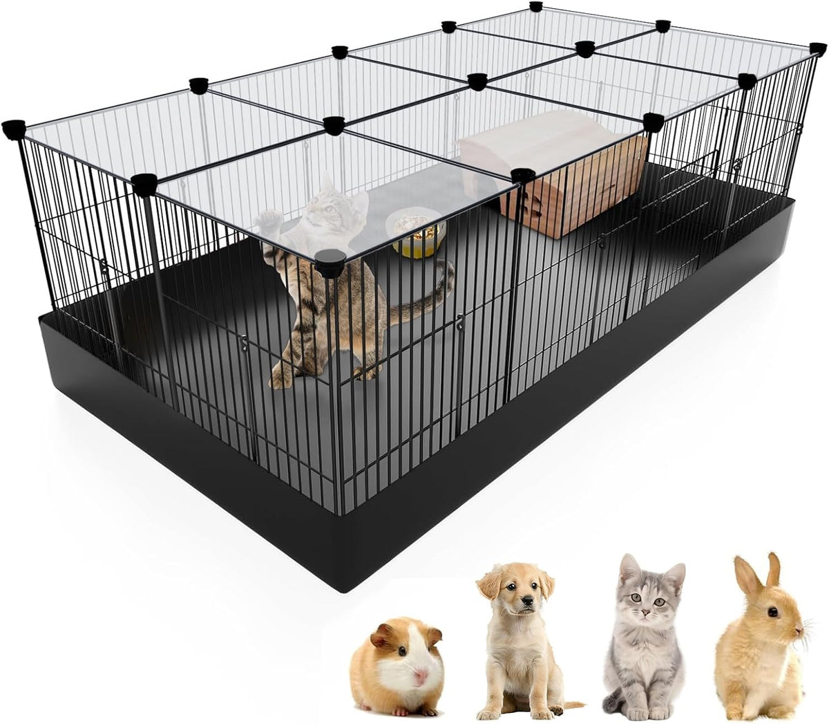 Small Animal Playpen with Waterproof Mat, 12-Piece Translucent Plastic Panels for Indoor and Outdoor Use, DIY Exercise Fence for Kittens, Rabbits, Guinea Pigs, Hedgehogs, and Hamsters