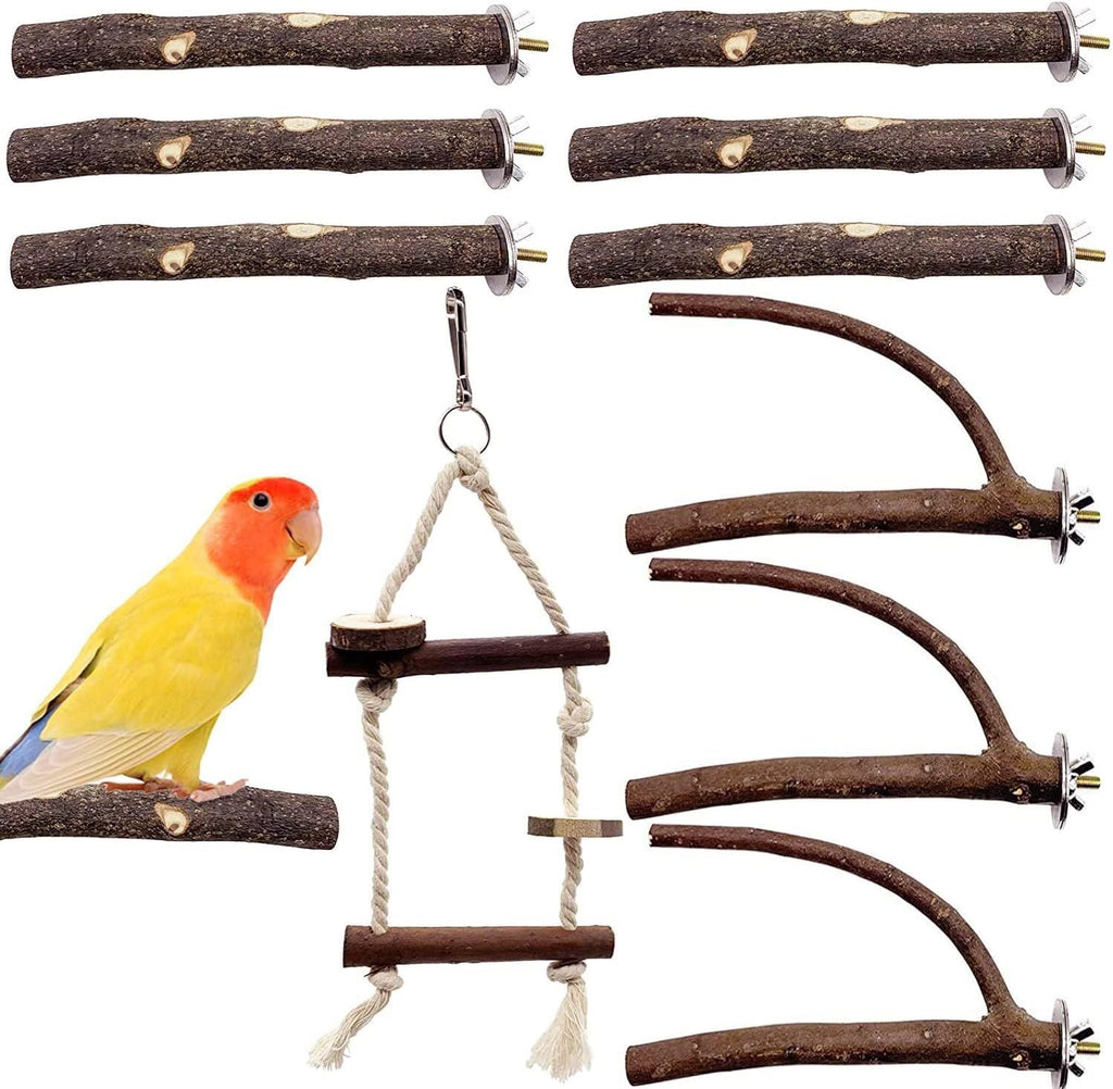 Bird Parrot Perch Set - 10PCS Natural Wood Parakeet Stand, Fork, Rod, Paw Grinding Stick for Budgies, Cockatiels, Conure, Lovebirds
