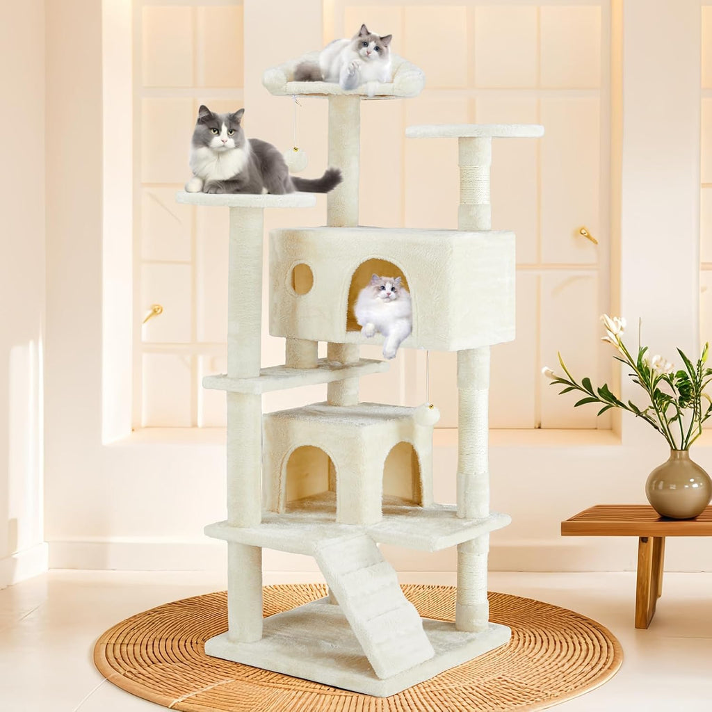 Hexago 54 Inch Cat Tree Tower for Indoor Cats, Multi-Level Cat Condo with Scratching Posts, Climbing Ladder, Plush Hammock, and Toy Ball, Stable Cat Play House Furniture, Beige