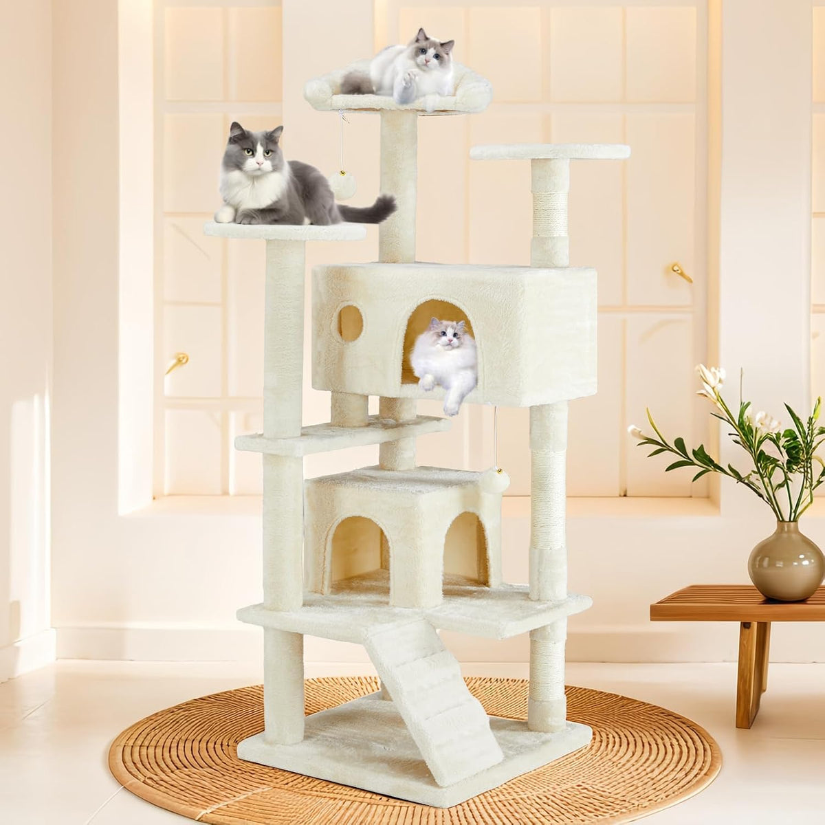 Hexago 54 Inch Cat Tree Tower for Indoor Cats, Multi-Level Cat Condo with Scratching Posts, Climbing Ladder, Plush Hammock, and Toy Ball, Stable Cat Play House Furniture, Beige