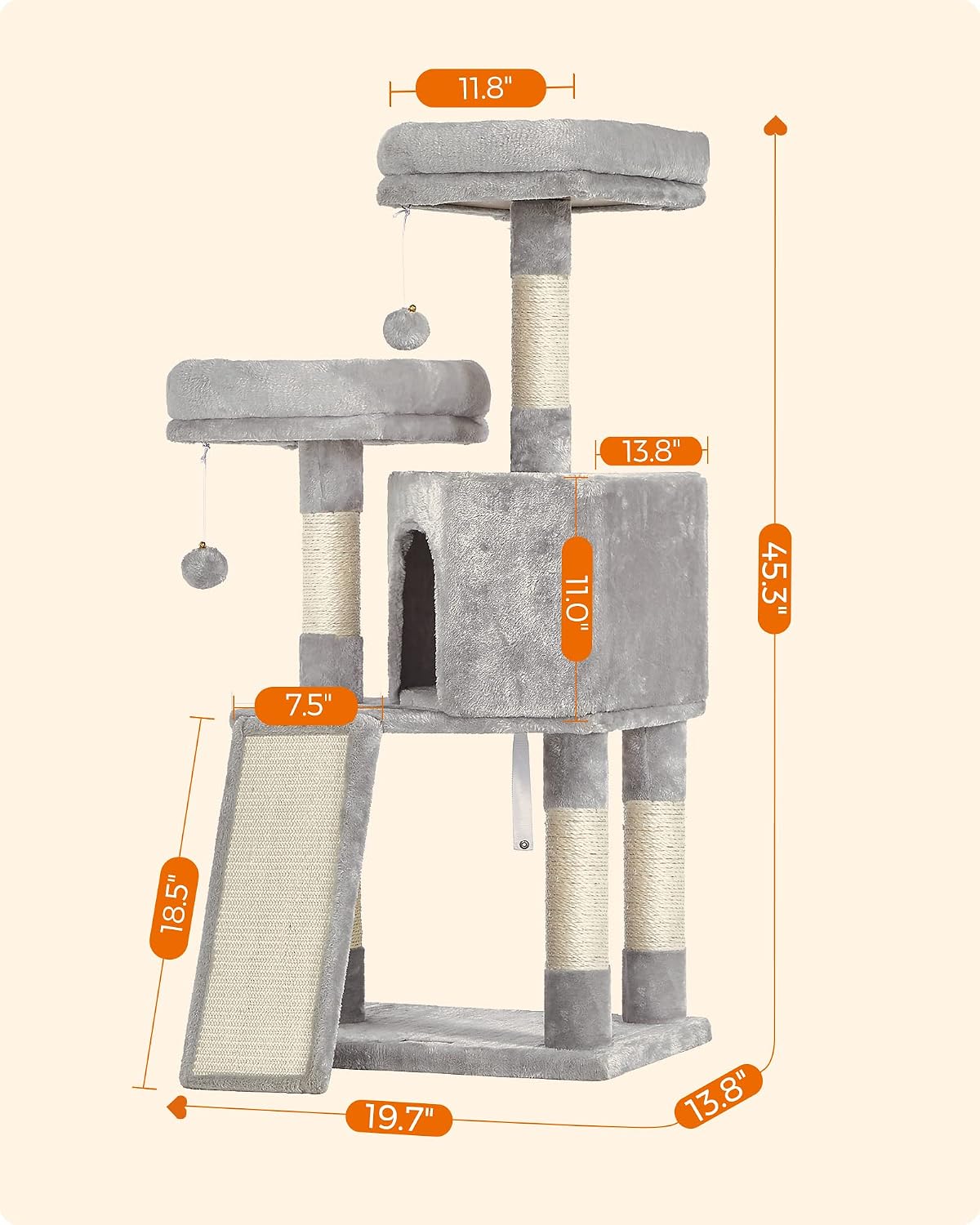 Feandrea Cat Tree, 45.3-Inch Cute Cat Tower, Climbing Condo, Light Gray