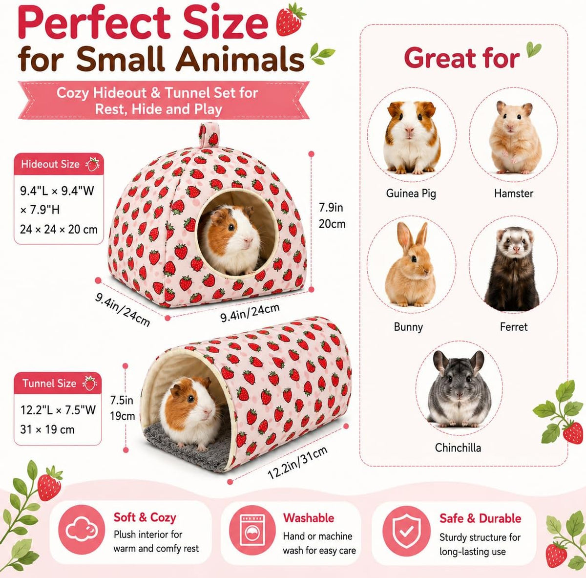 Guinea Pig Hideout Tunnel Set, 2 Pack Washable Small Animal Bed with Removable Cushion, Hamster Hideout Play Tunnel Toys for Guinea Pigs, Hamsters, Hedgehogs, Ferrets, Pink Strawberry