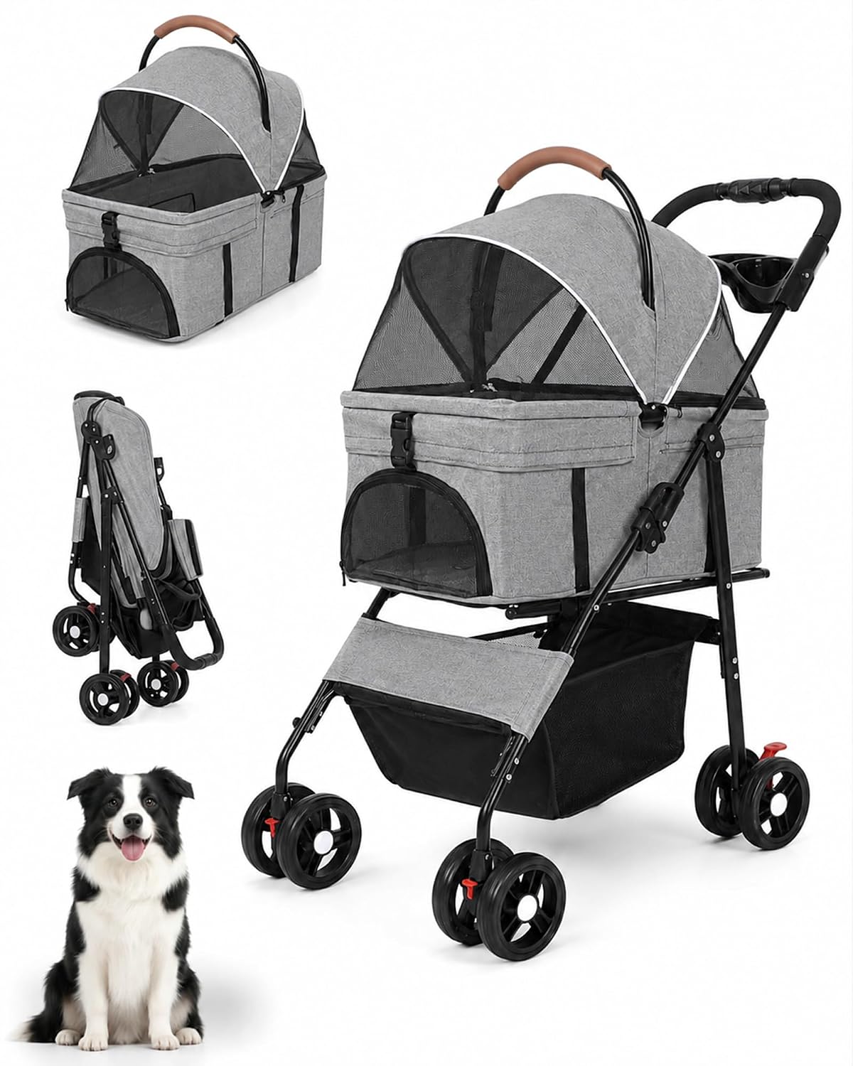 Pet Stroller, 3 in1 Foldable Dog Cat Stroller with Detachable Carrier-Gray