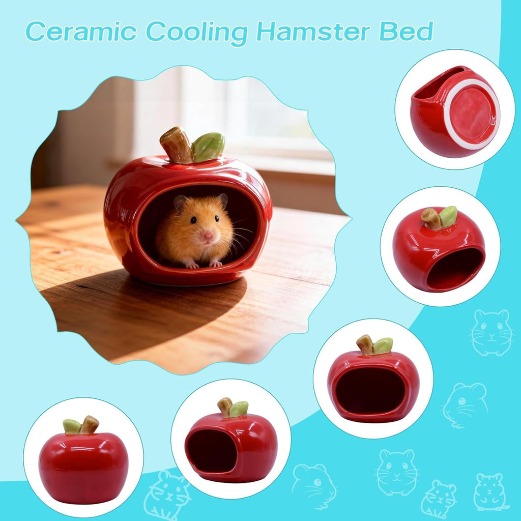 RUIAN Hamster Hideout - Ceramic Hamster Hide for Syrian and Dwarf Hamsters, Hamster House and Hamster Sand Bath Cave, Gerbil Hideout for Small Animal Cage Accessories (Red)