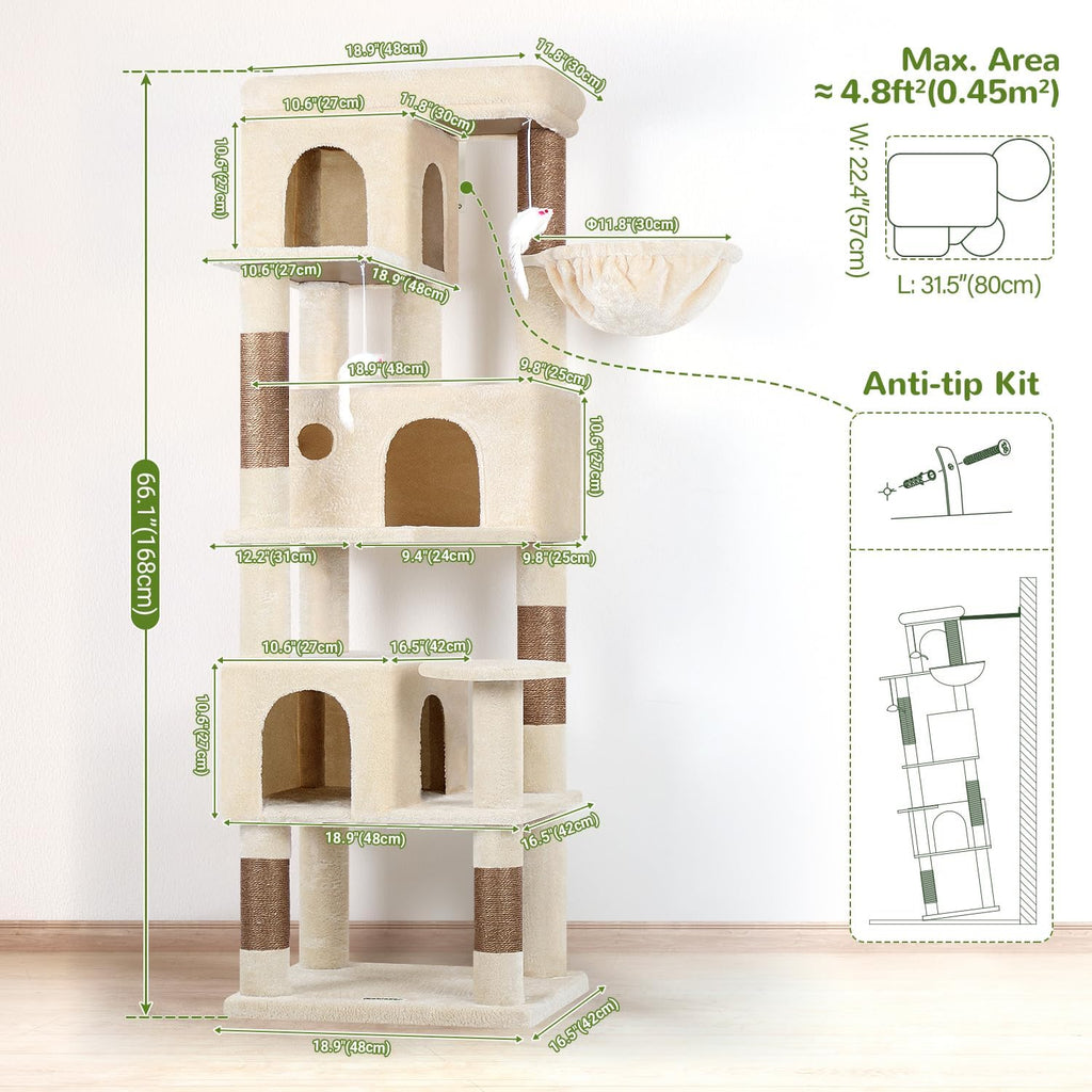 Globlazer F66 Corner Cat Tree, 66in Multi-Level Climbing Tower, Beige