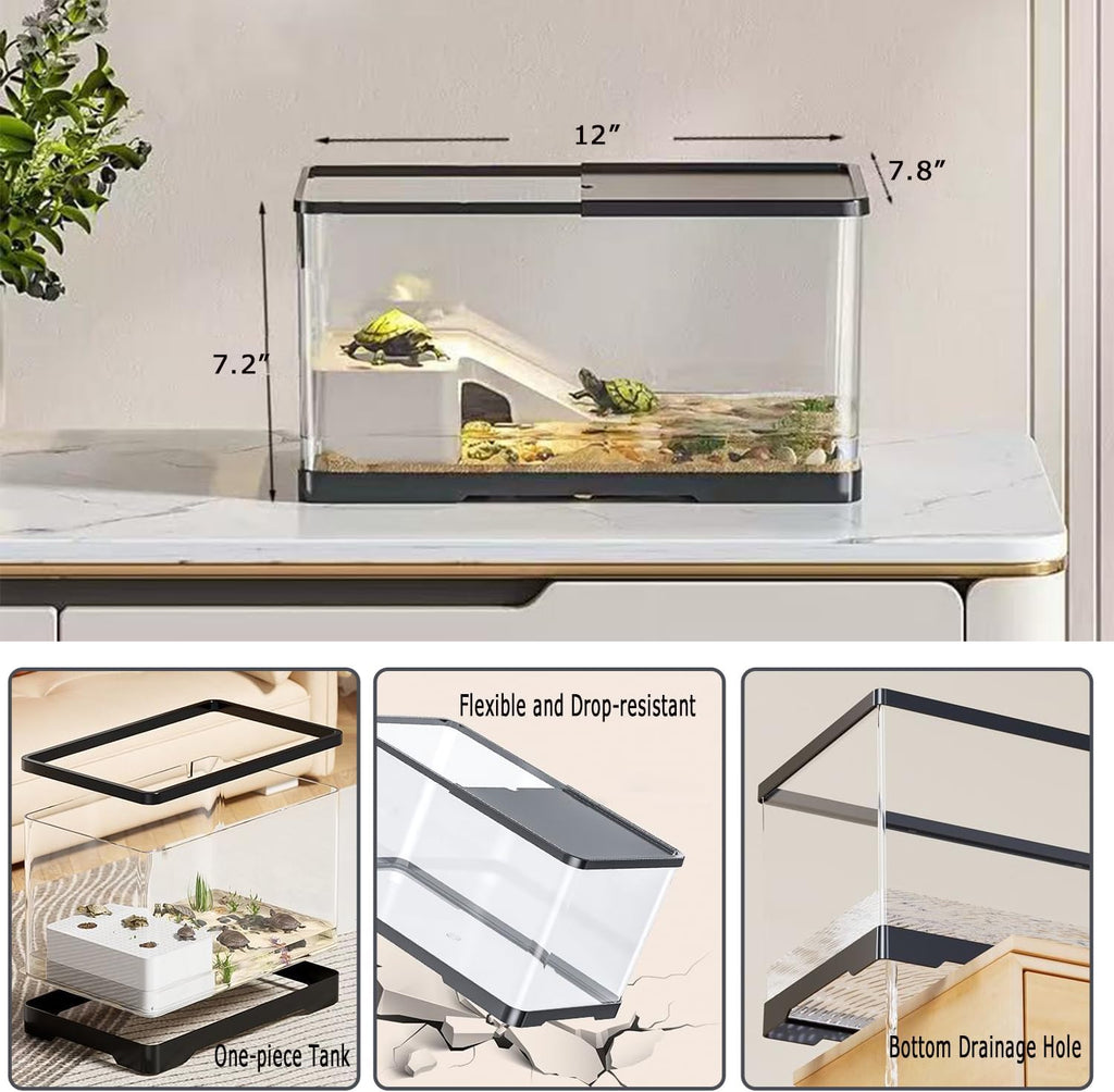 Upgraded 3 GAL Turtle Tank Kit(Tank+3.5W Filter+Light+Basking Platform),Fish Tank Starter Kit, Aquarium for Crabs,Fishes,Amphibians,Reptiles
