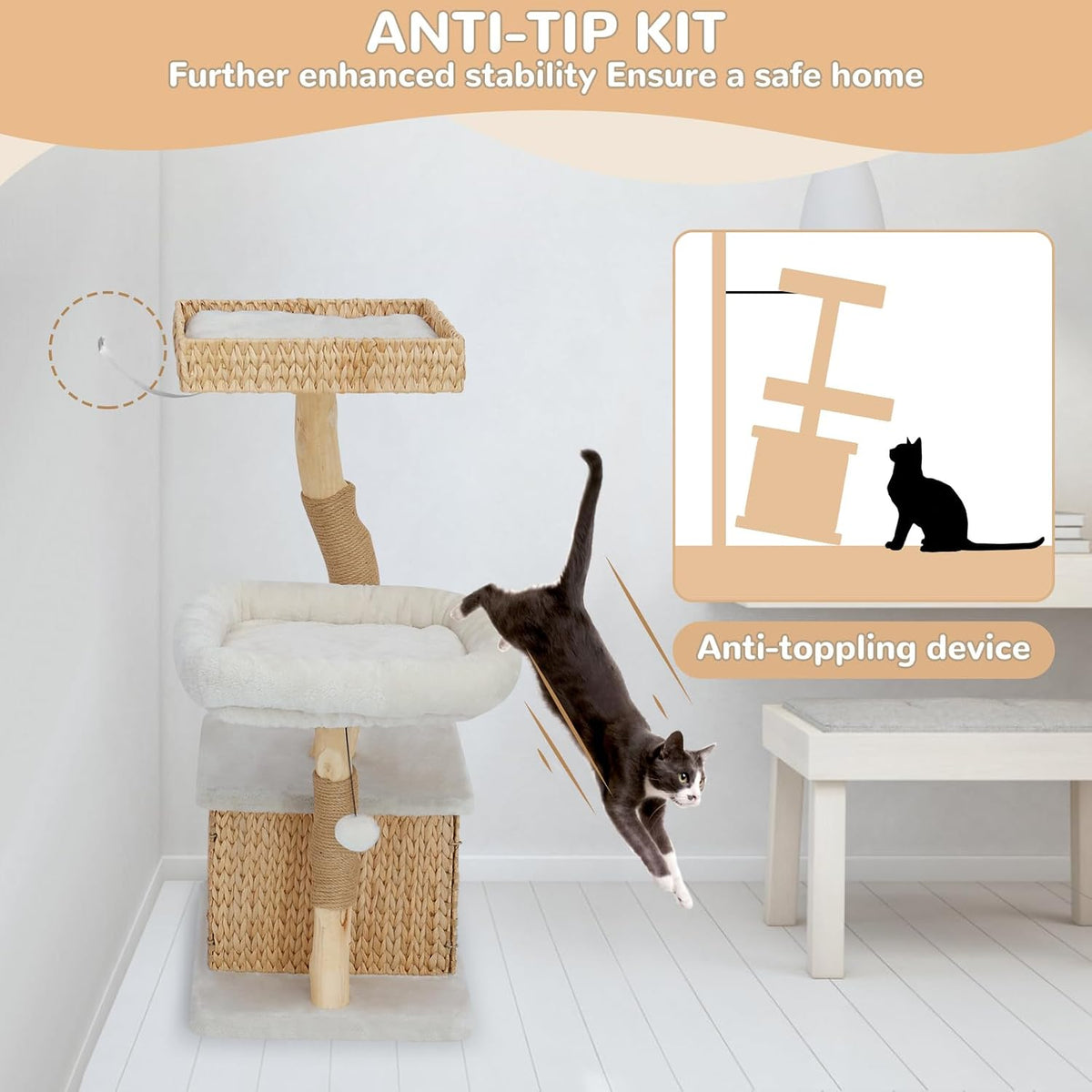 39” Modern Cat Tree Tower for Indoor Cats - Multi-Level Solid Wood Cat Condo w/Caves, 2 Large Perches, Scratching Posts, Hanging Toy for Large Cats Adult - Luxury Boho Pet Furniture