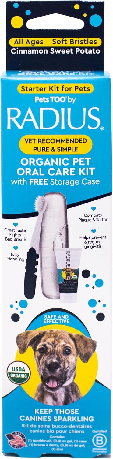 Radius USDA Organic Dental Solutions All Ages Dog Dental Kit 1 Unit, 1 Dog Toothbrush, 1 0.8oz Toothpaste, & 1 Travel Case, Firm Bristle & Non Toxic Toothpaste for Dogs