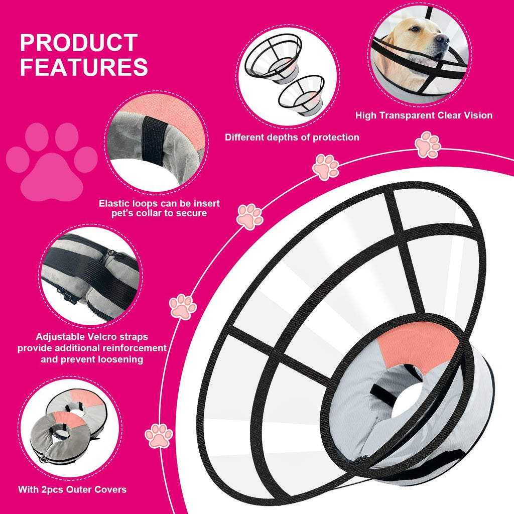 Sponge Core Dog Cat Cone Collar for After Surgery Recovery, Inflatable Dog Cone Alternative, Lainergie Dogs Donut Collar Adjustable with 2PCS Cover for Large Medium Small Dogs Cats (Grey+Pink, S)