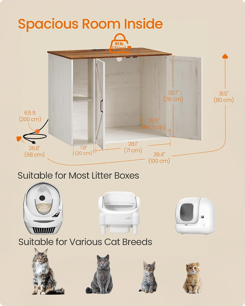 Feandrea Cat Litter Box Enclosure, Hidden Cat Washroom with Power Outlet