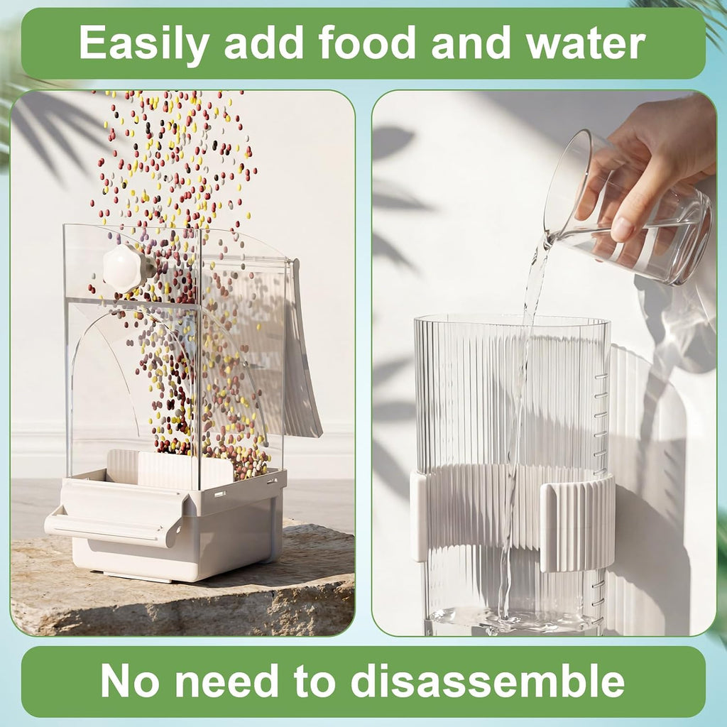 Novabright No Mess Bird Feeder Water Dispenser Set, Automatic Transparent Bird Food Container and 12 oz Automatic Water Feeder for Small Birds Parrot, Cockatoo, Canary, Cage, Lovebird, Budgies(White)