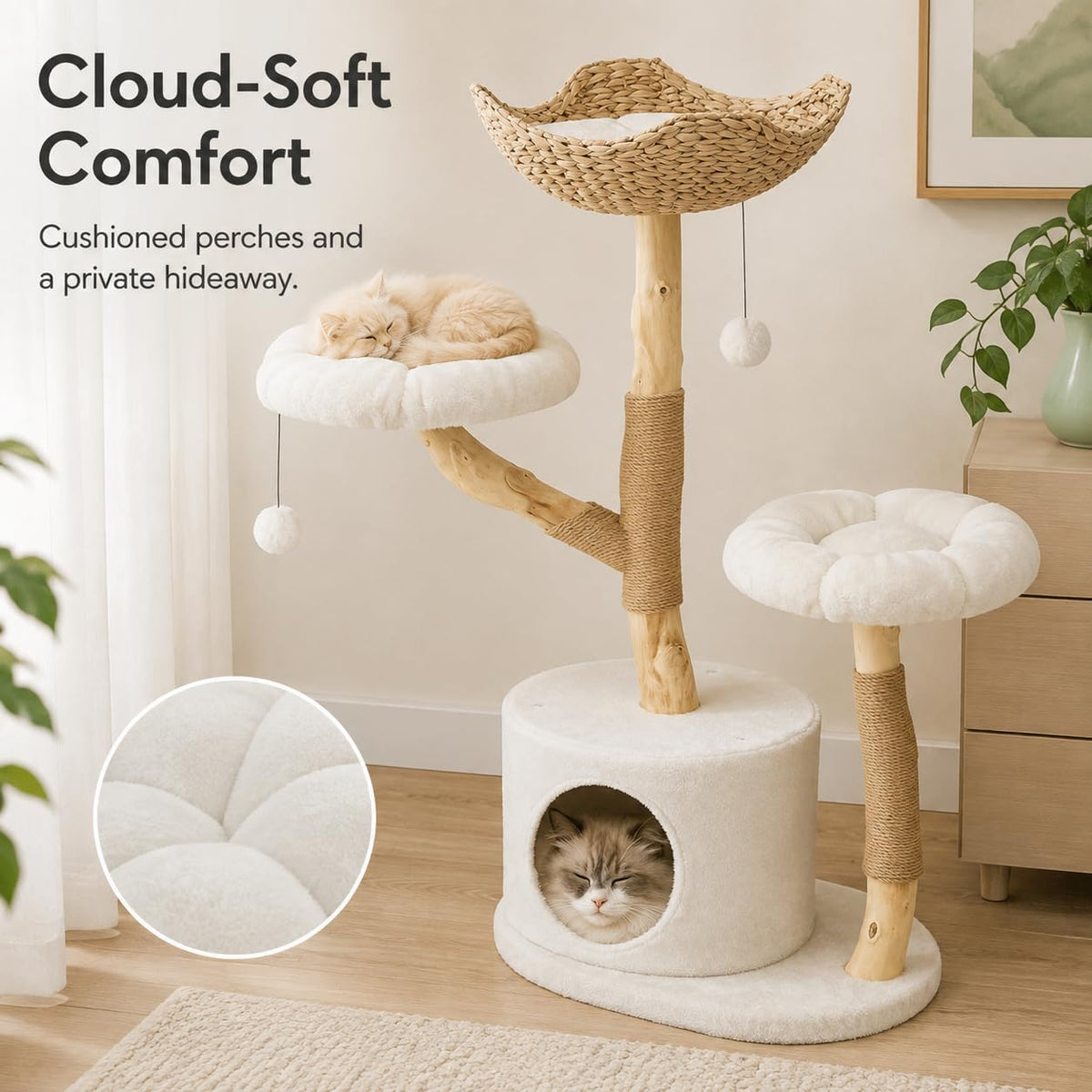41“ Solid Wood Cat Tree Tower, Modern Cat Tree Aesthetic Multi-Level Flower Perches, Scratching Post, Luxury Boho Cat Furniture Condo & Wicker Basket for Indoor Cats