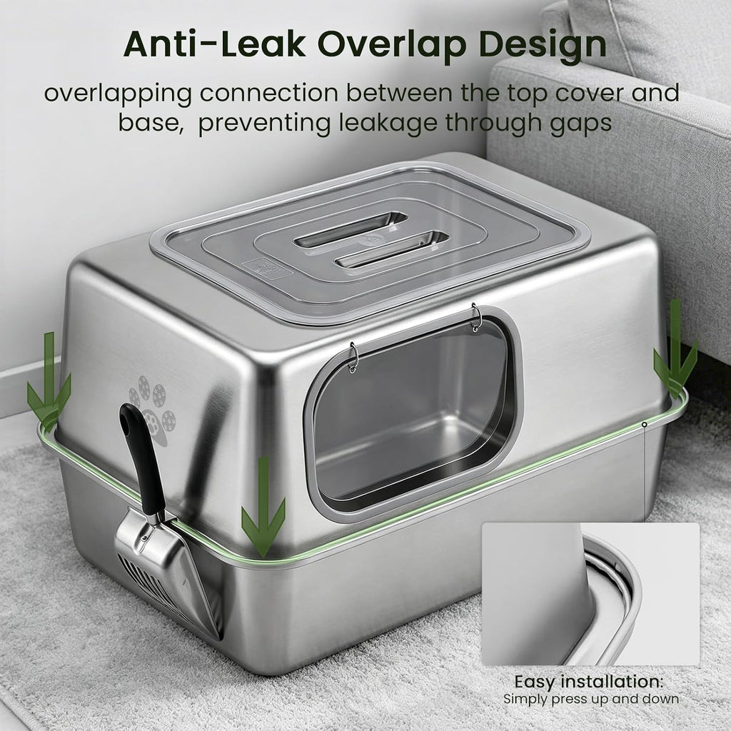 Ptlom Enclosed Stainless Steel Litter Box for Large Cats, Leak-Proof Metal Cat Toilet with Lid, Ventilated Top Opening Covered Cat Pan High Sided Walls, Scoop & Litter Mat, 20.8" x 13.0" x 13.1"