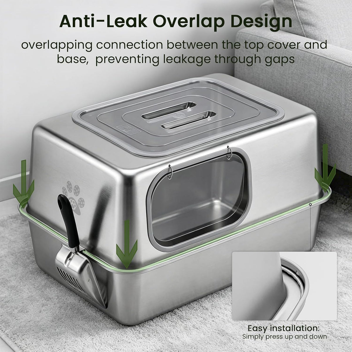 Ptlom Enclosed Stainless Steel Litter Box for Large Cats, Leak-Proof Metal Cat Toilet with Lid, Ventilated Top Opening Covered Cat Pan High Sided Walls, Scoop & Litter Mat, 20.8" x 13.0" x 13.1"