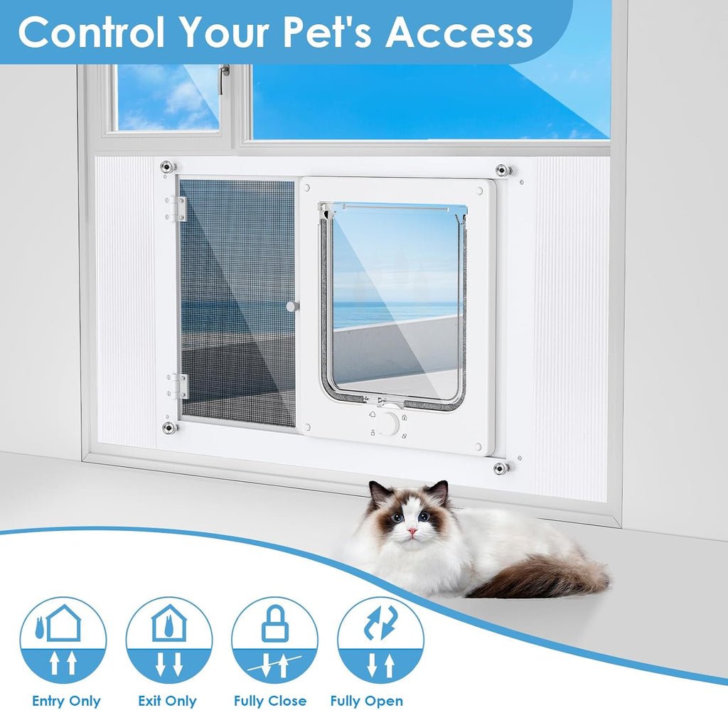 2-in-1 Cat Door for Window with Acrylic Panel, Rainproof & Ventilation Dual Modes, Adjustable Width of 28"-32" for Sliding Windows, Weather Resistant Window Cat Door Insert