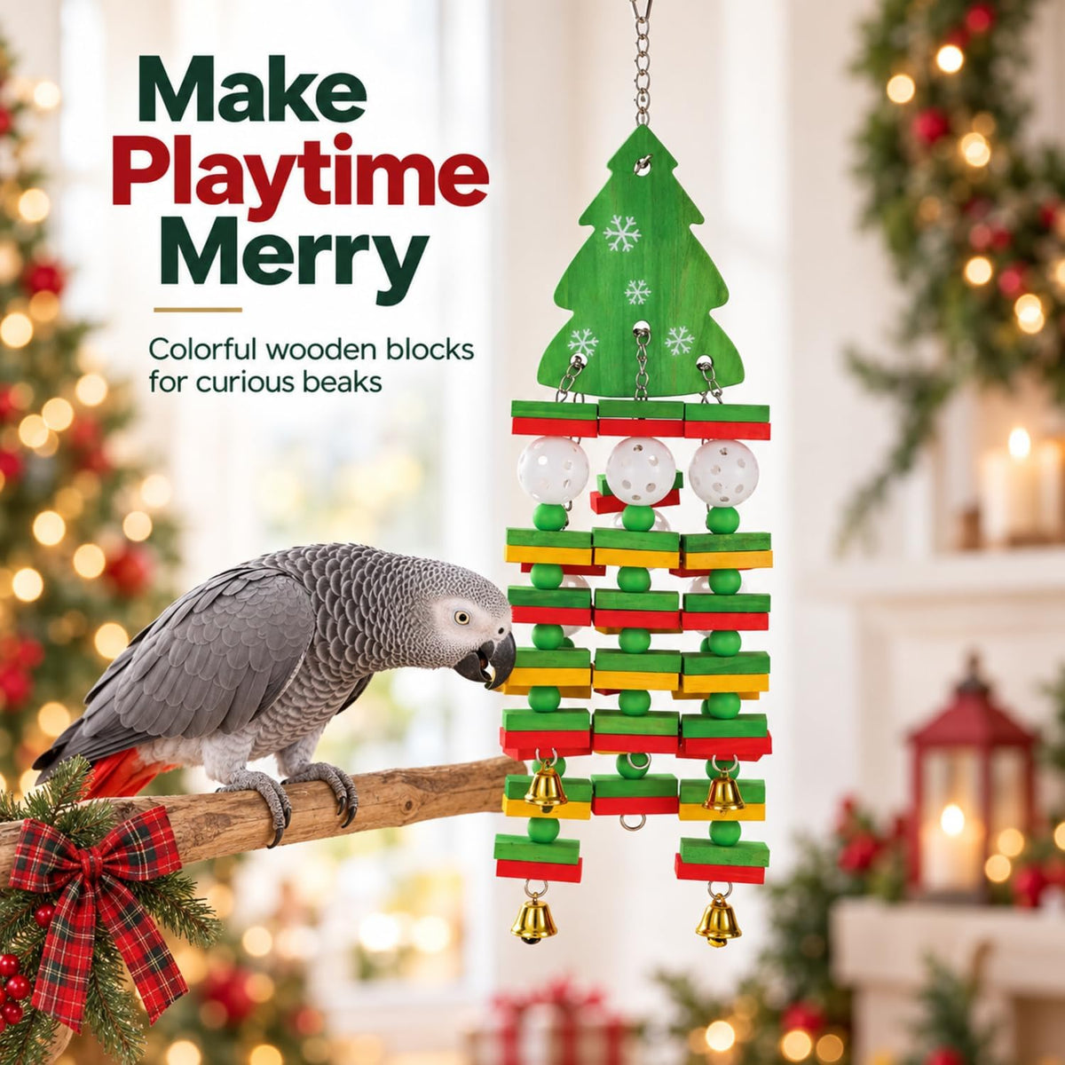 Large Christmas Bird Toy with Wooden Blocks, Beads and Bells
