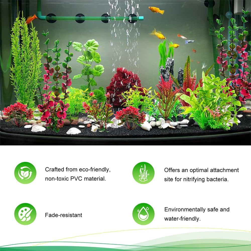 18Pcs Plastic Aquarium Plants, Weighted Base, Red Green Fish Tank Decor