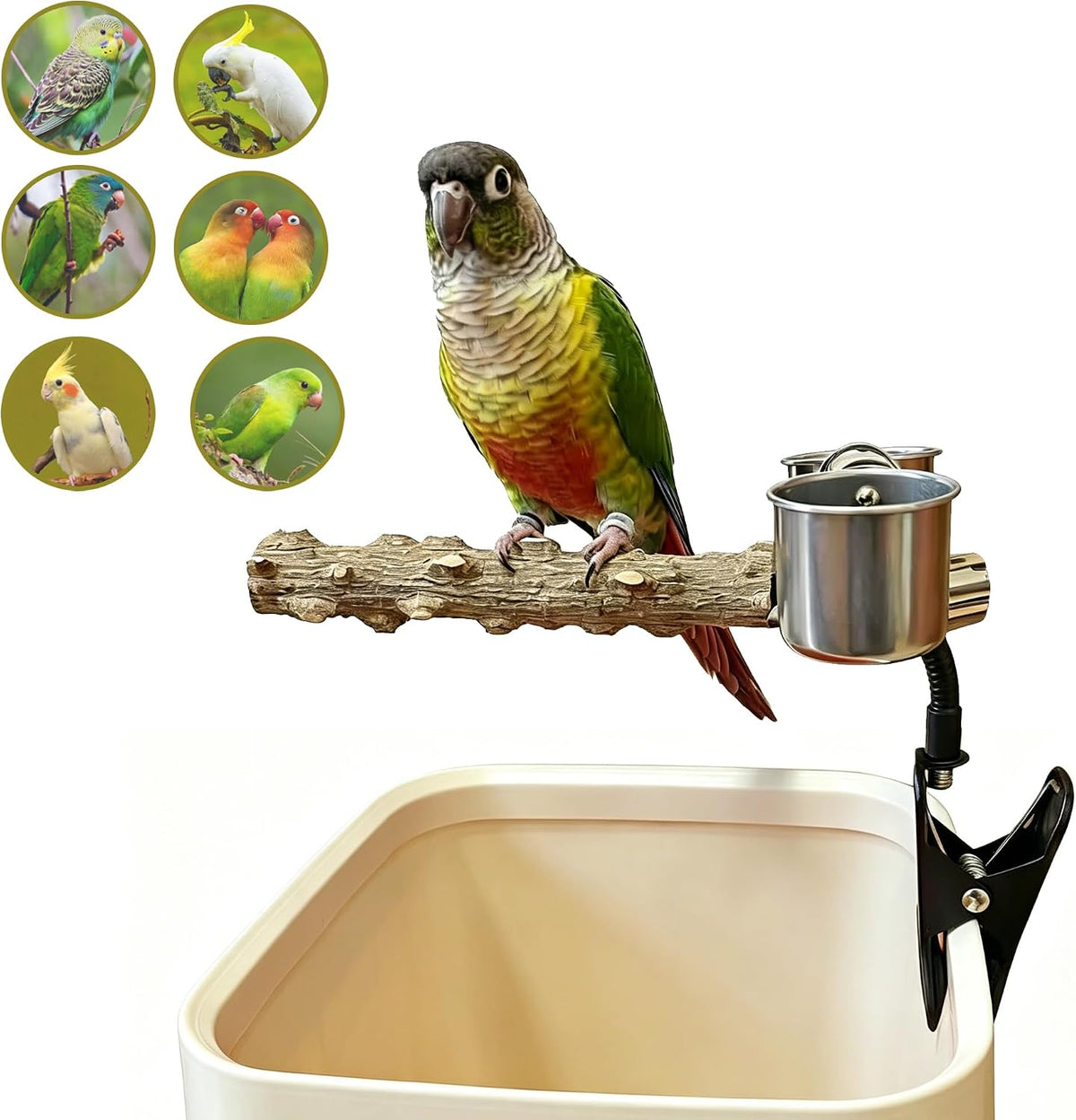 Bird Perch Stand with Clip, Adjustable & Portable Parrot Stand with Parrot Feeding Cups Bendable Training Perch for Cockatiels, Conures, Lovebirds ird cage Accessories