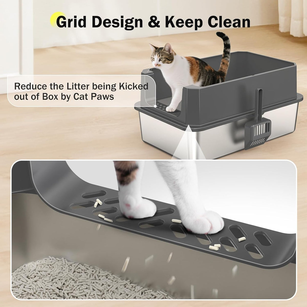 Stainless Steel Litter Box, Extra Large Litter Boxes for Big Cats, XLarge Metal Cat Litter Box with Lid, Anti-Urine Leakage XL Box with High Sides, Easy Clean, Non-Sticky, Scoop Included