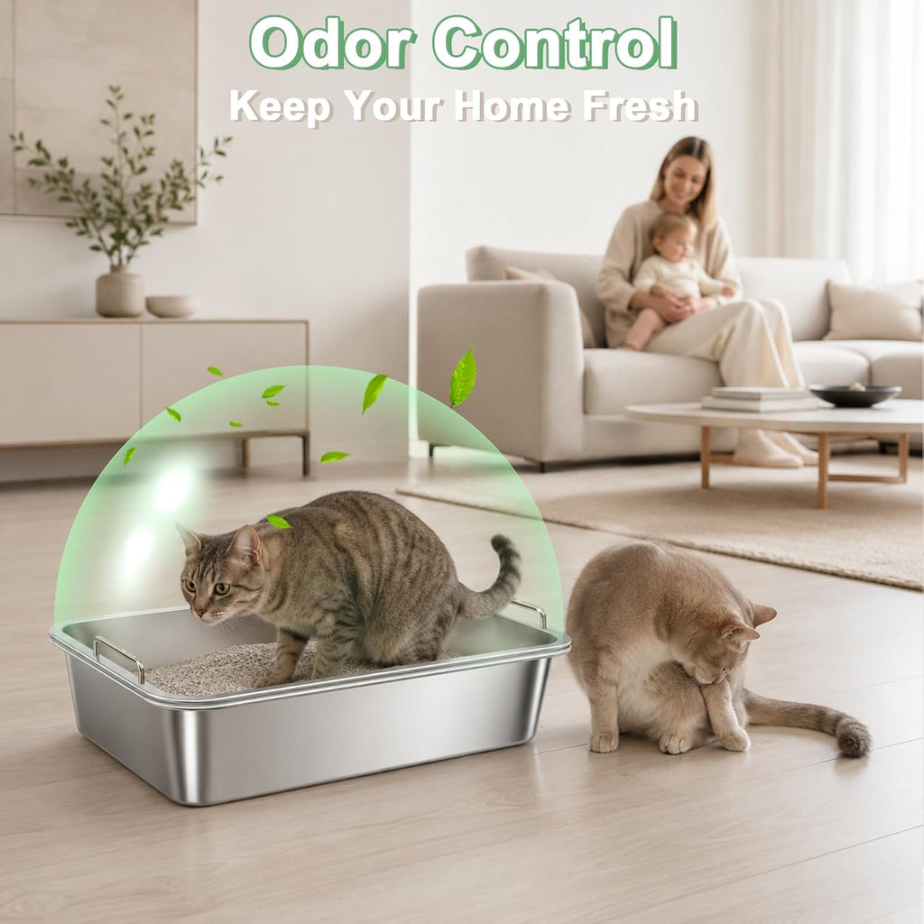 Stainless Steel Sifting Cat Litter Box for Clumping Clay Litter with High-Speed Sifting System, Large Metal Litter Box with 2 Replaceable Bottom Pans, Odor Control，Easy Clean(17.7” x 13.7” x 5.9”)