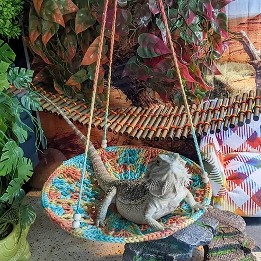 Handwoven Hammock Bearded Dragon Rest Bed Habitats Supplies Climbing Terrarium for Lizard Leopard Gecko Parrots Parakeet Cockatiel Rats Snake Hamster Squirrel Chameleon Small Birds (Dazzling Orange)