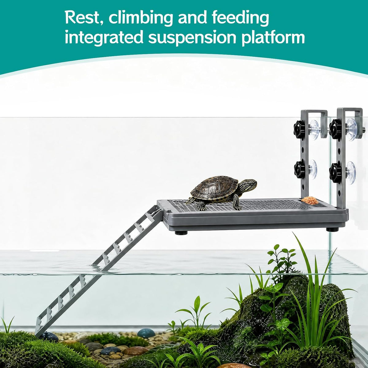 Turtle Basking Platform, Hanging Turtle Dock with Built-In Food Tray, Non-slip Ramp for 25–75 Gallon Aquarium, Aquatic Turtle Tank Accessories