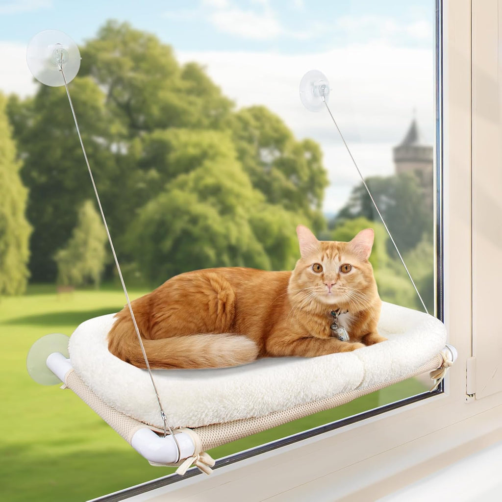 PEFUNY Cat Window Hammock – Mess-Free Waterproof Cats Window Perch for Large Cats, Strong Suction Cup Hammock with Flannel Cover, Indoor Cat Seat, Beige