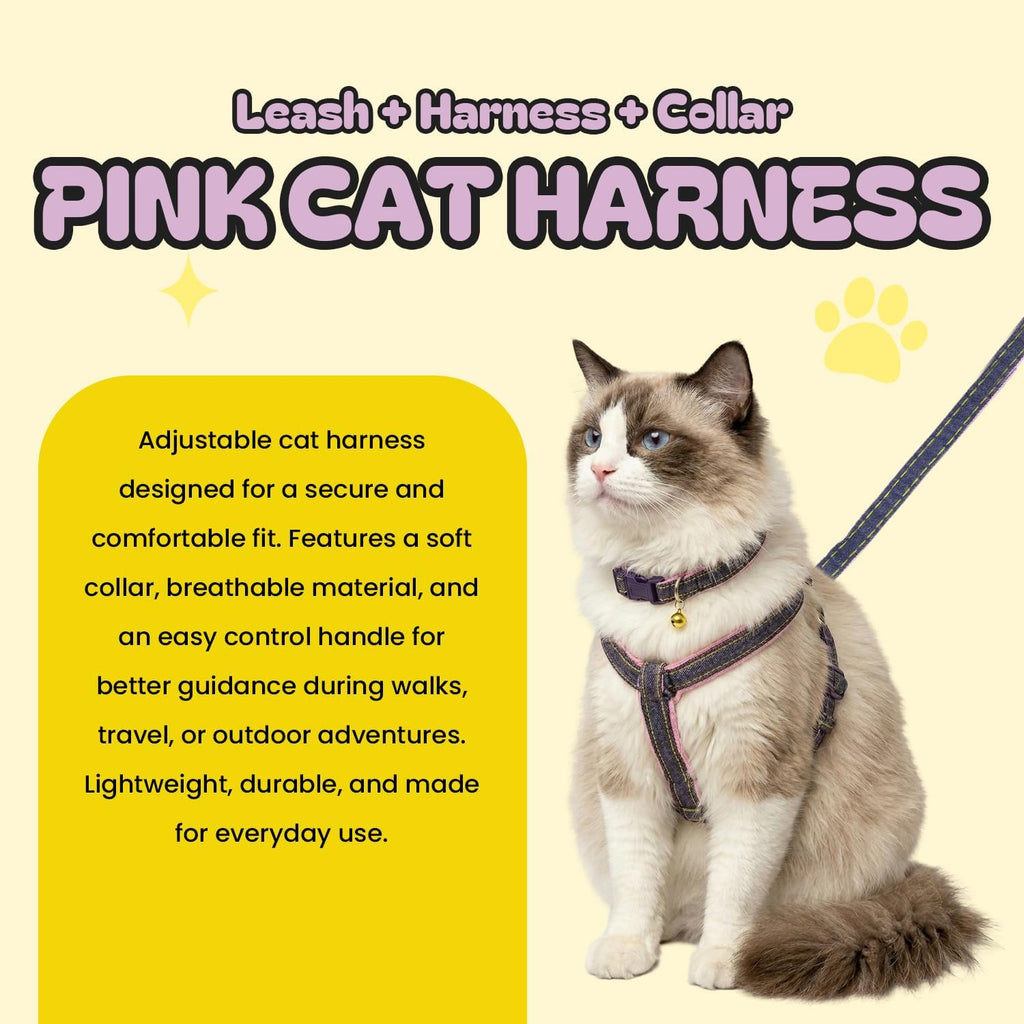 Pink Adjustable Soft-Padding Cat Harness Set – Reflective Walking Vest for Kittens & Small Cats (Pink, Medium)