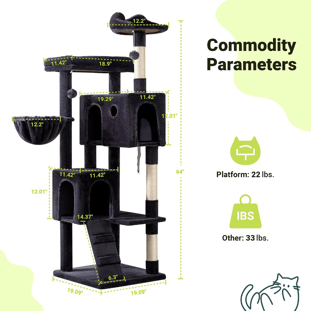 Allewie 64 Inches Multi-Level Cat Tree Tower for Indoor Cats, Dark Grey