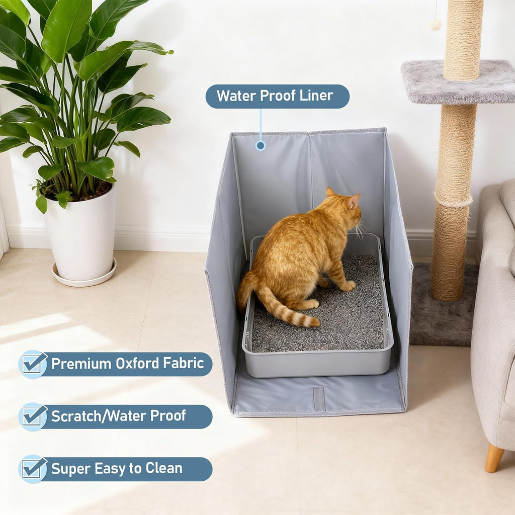 Kifmurase Foldable Cat Litter Box Enclosure, All-in-One Box Splash Guard for Pet Litter Pan, Open Top Side Shield Pad with 2 Hooks for Scoop and Removable Mat, Easy Clean Pee Pad Holder, 24x17x16 Inch