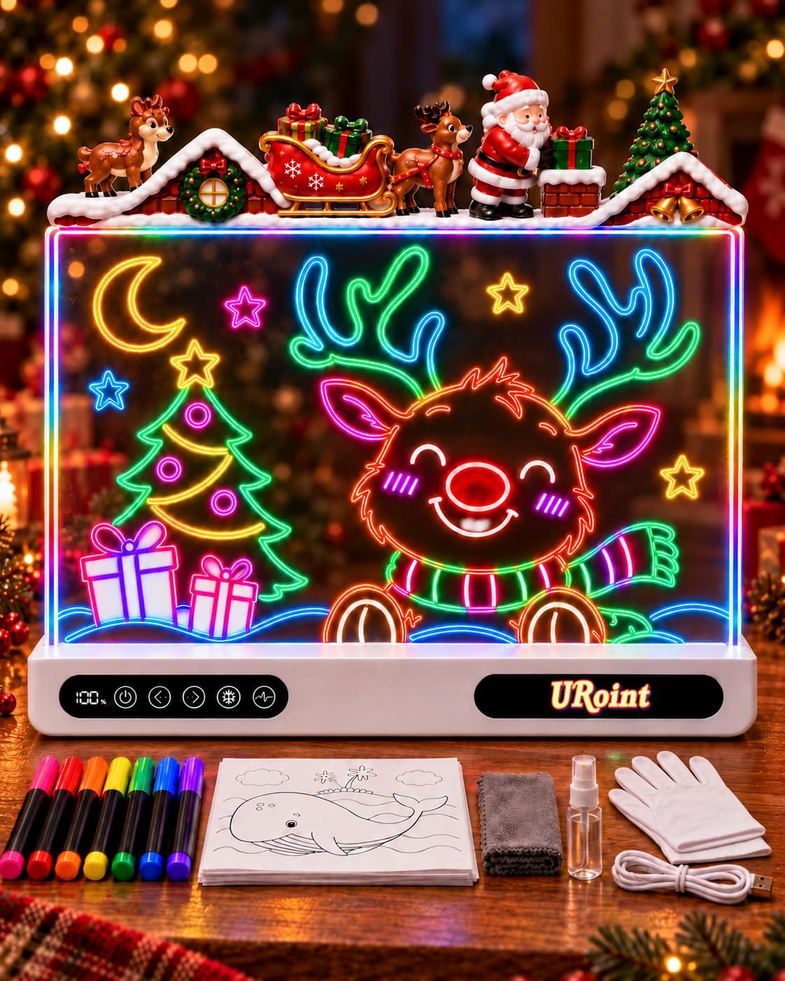 LED Drawing Board for Kids Rechargeable TypeC with Santa & Reindeer