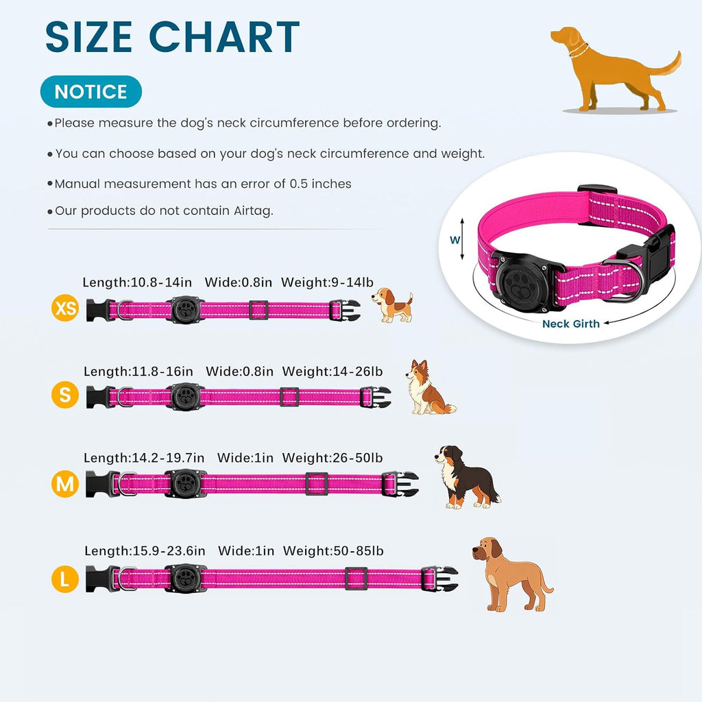 AUBELL Reflective Dog Collar with AirTag Holder,IP68 Waterproof,Pink M