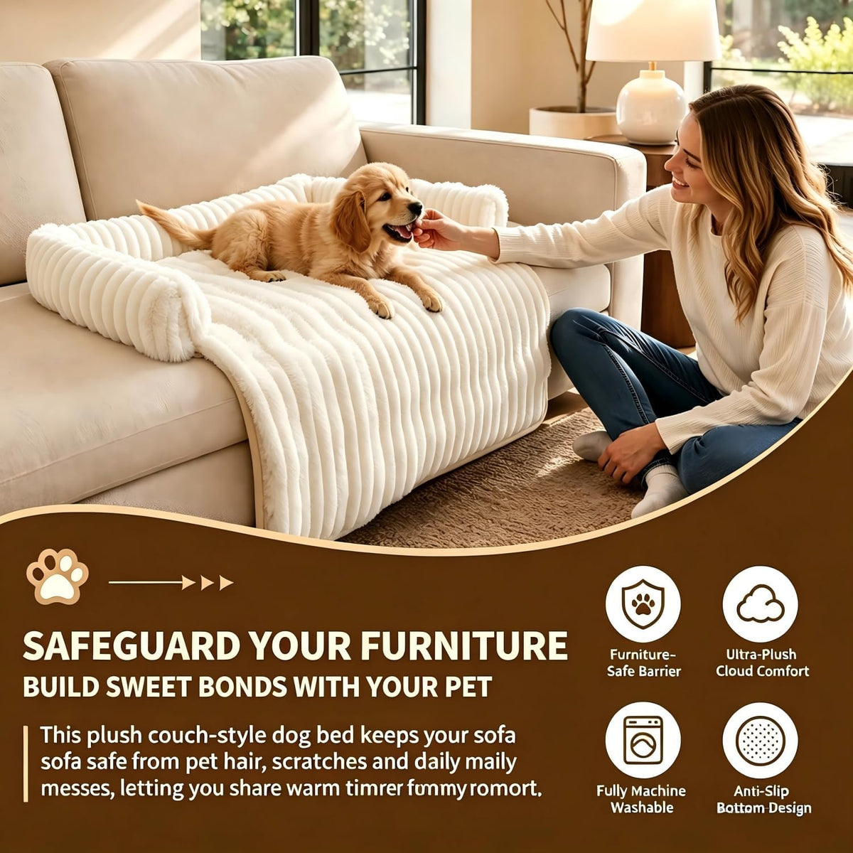 Large Plush Cat Mat for Sofa, Non Slip Cozy Pet Bed for Cats Small Dogs, Raised Edge Furniture Protector Mat, Beige L Size 29.5 x 29.5 Inch