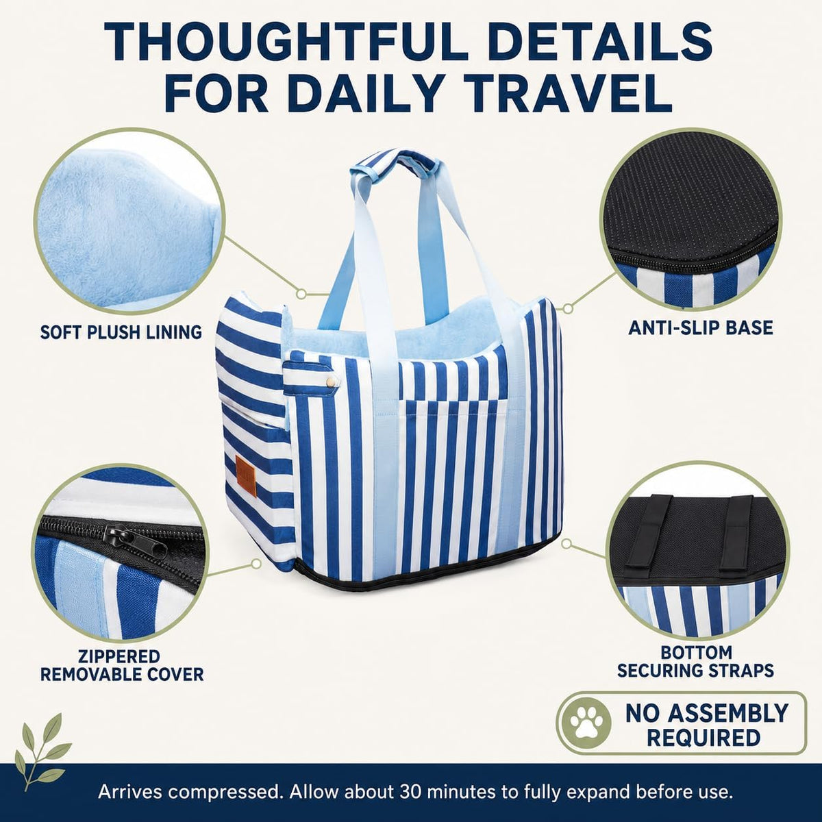Console Dog Car Seat for Small Dogs to 15lbs (Blue& White Stripes)
