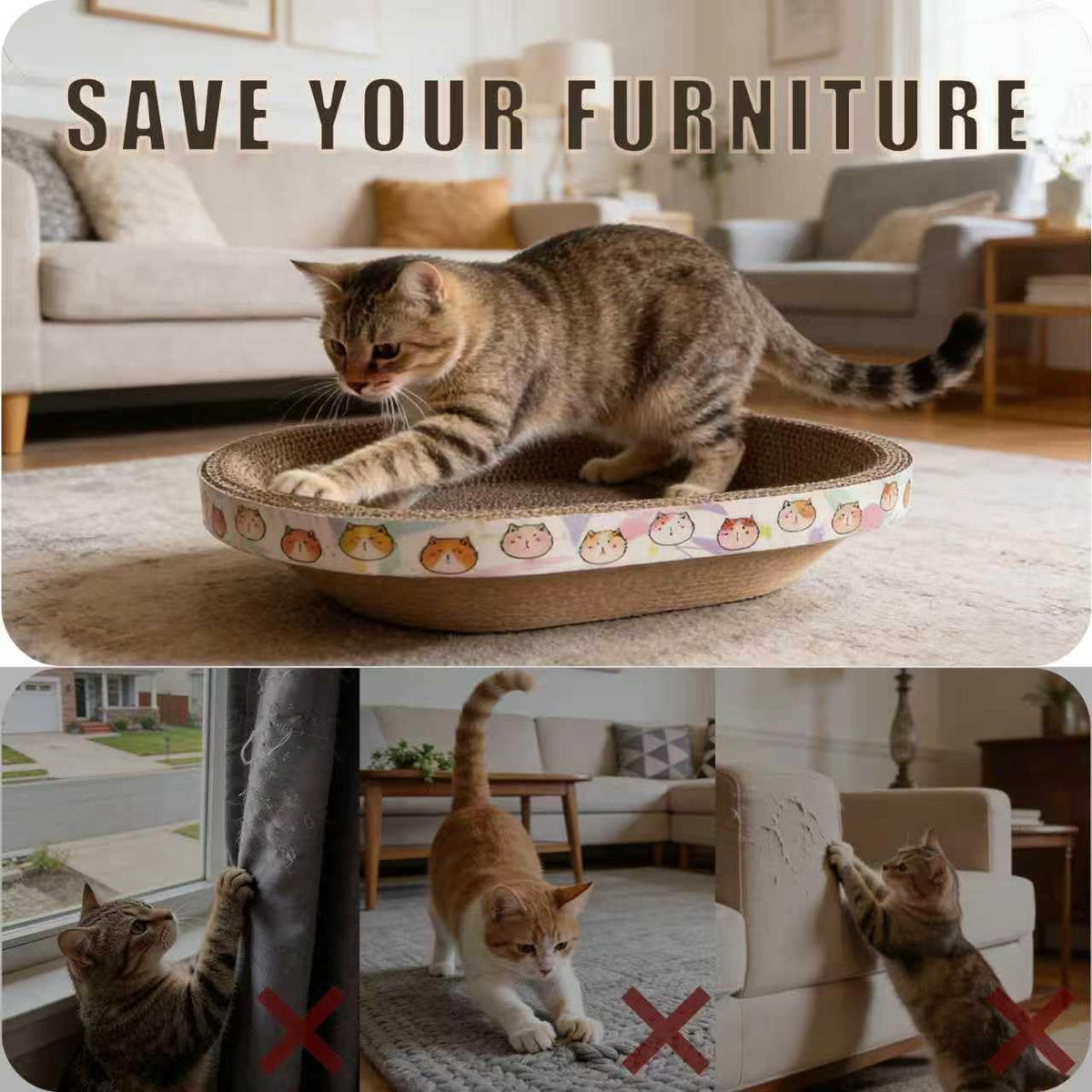 Cat Scratcher Bed with Toys, 2 Pack Oval Cat Scratching Cardboard